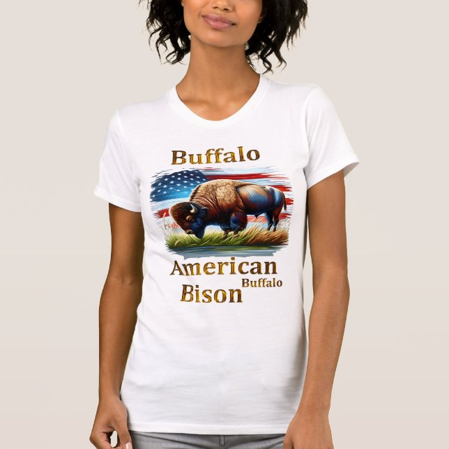 Buffalo Standing in Grass Field With American Flag T-Shirt (Front)