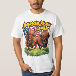 Buffalo Standing in Grass Field With American Flag T-Shirt