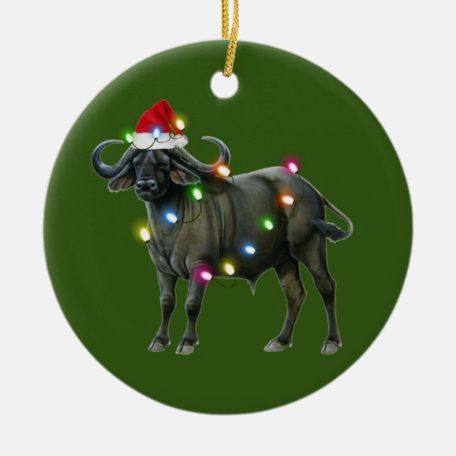 Buffalo With Hat Lights Christmas Ceramic Tree Decoration (Front)