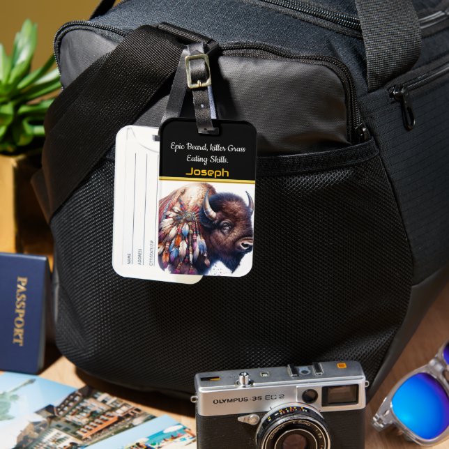 Buffalo With Vibrant Artistic Feathers Luggage Tag (Front & Back)