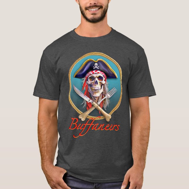 Buffaneers Pirate Skull on Teal Circle with Braid T-Shirt (Front)