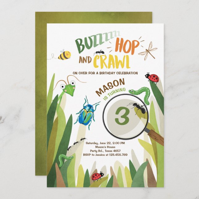 Bug Birthday Invitation Insect Bugs Boy bugging (Front/Back)