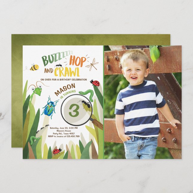 Bug Birthday Invitation Insect Bugs Boy bugging (Front/Back)