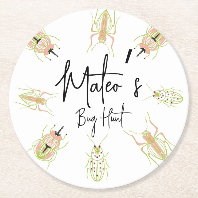 Bug Hunt Insect Birthday Hand Drawn   Round Paper Coaster (Front)