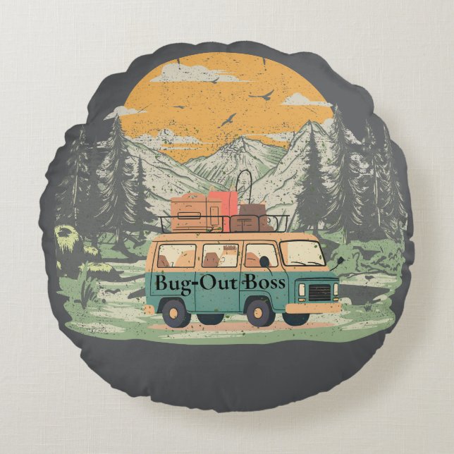 Bug-Out Boss Camper Van Adventure in the Mountains Round Cushion (Front)