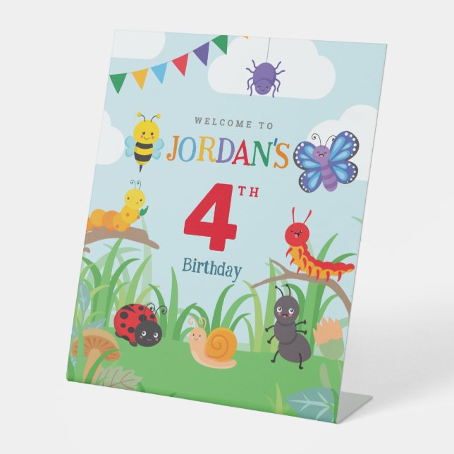 Bug Party Birthday Cute Colourful Paper Welcome  Pedestal Sign (Front)