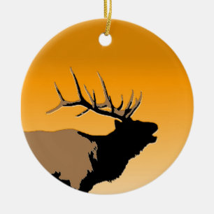 Bugling Bull Elk at Sunset Original Wildlife Art Ceramic Tree Decoration