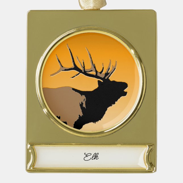 Bugling Bull Elk at Sunset Original Wildlife Art Gold Plated Banner Ornament (Front)