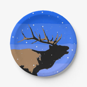 Bugling Elk in Winter  - Original Wildlife Art Paper Plate
