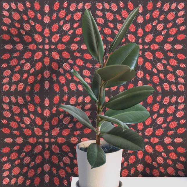 Bugs and Beetles Pattern Red Charcoal Grey Wallpaper (Fun bugs and beetles insect pattern art peel and stick wallpaper, great for Halloween)