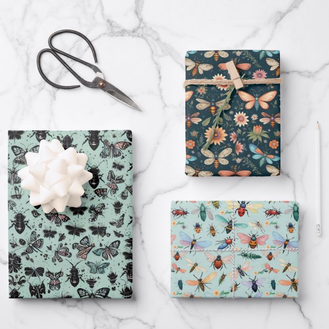Bugs And Insects In Minty Greens Oranges And Pinks Wrapping Paper Sheet (Front)