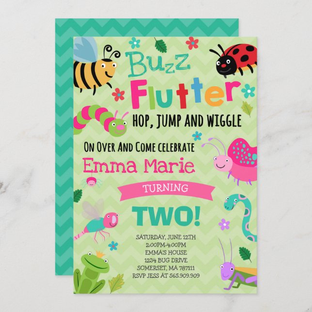 Bugs Birthday Invitation Girl Pink Bugs Party (Front/Back)