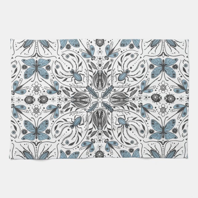 Bugs, black and blue tea towel (Horizontal)