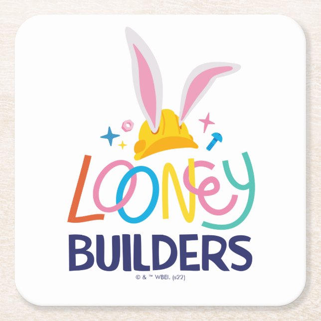 BUGS BUNNY BUILDERS™| Hard Hat Stacked Logo Square Paper Coaster (Front)