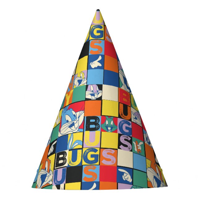 BUGS BUNNY™ Colourful Name and Face Chequered Party Hat (Front)