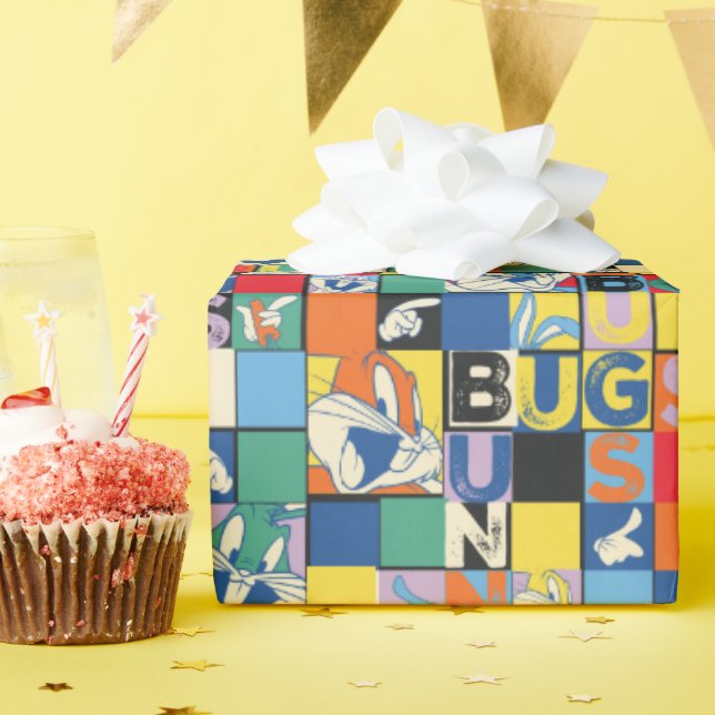 BUGS BUNNY™ Colourful Name and Face Chequered Wrapping Paper (Birthday Party)