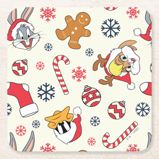 BUGS BUNNY™, DAFFY DUCK™ & Lola Christmas Pattern Square Paper Coaster (Front)