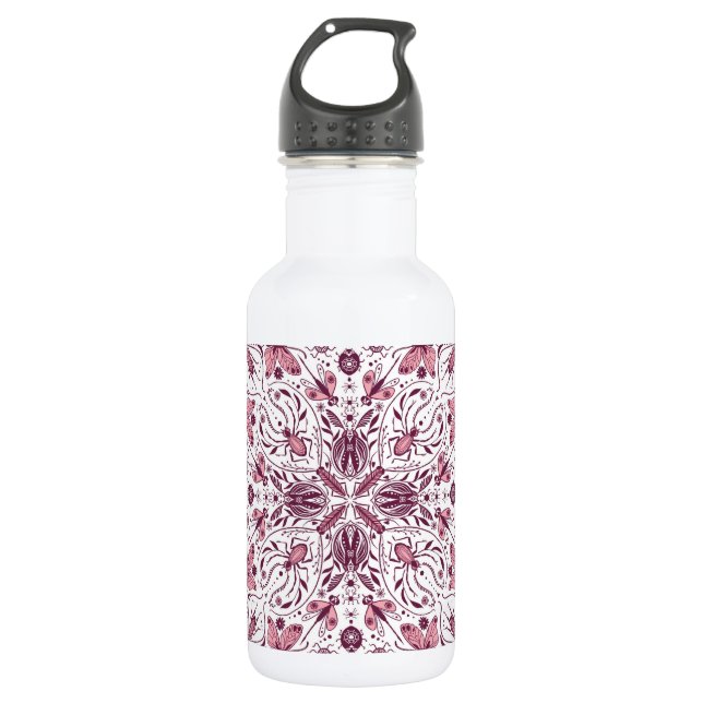 Bugs, dark magenta and pink on white 532 ml water bottle (Front)