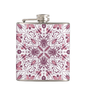 Bugs, dark magenta and pink on white hip flask