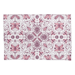Bugs, dark magenta and pink on white pillowcase