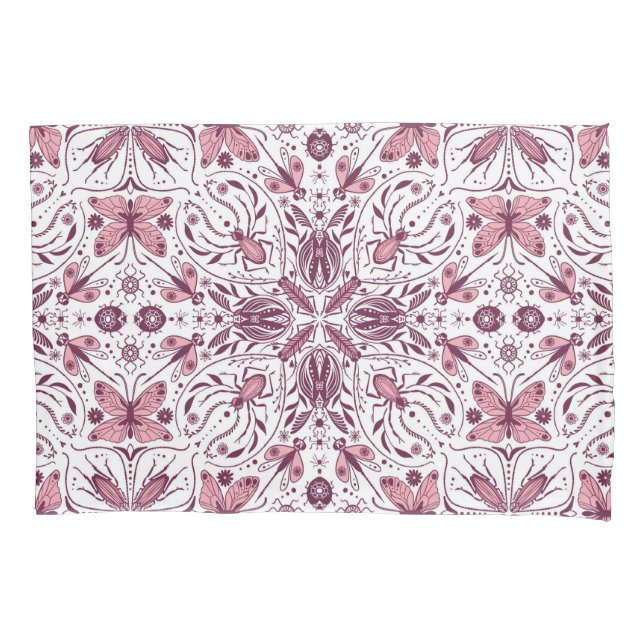 Bugs, dark magenta and pink on white pillowcase (Front-Left)