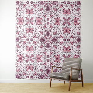 Bugs, dark magenta and pink on white tapestry