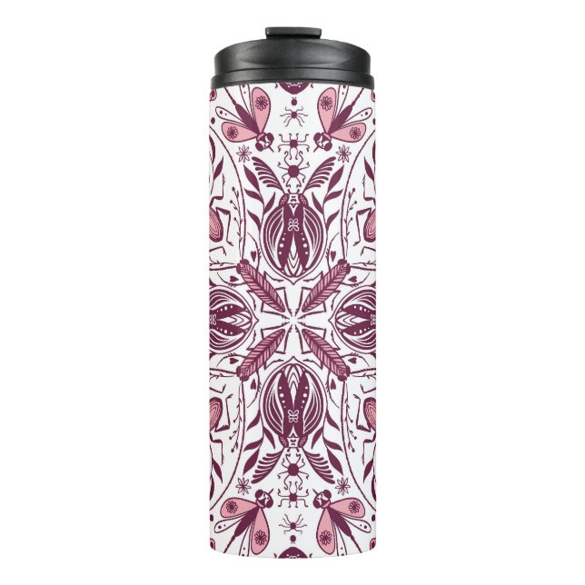 Bugs, dark magenta and pink on white thermal tumbler (Front)