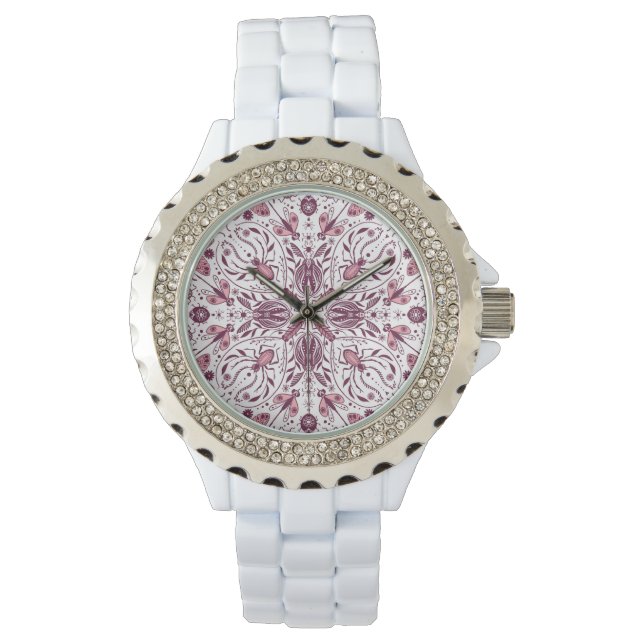 Bugs, dark magenta and pink on white watch (Front)