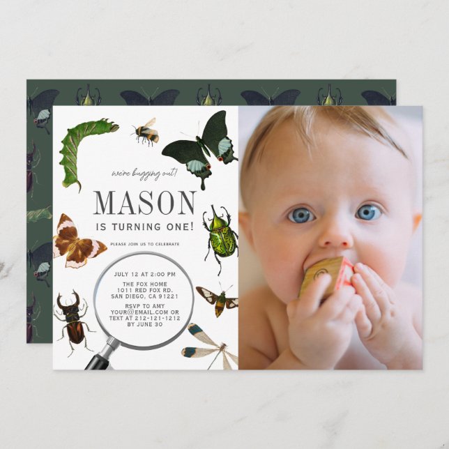 Bugs & Insects Vintage Boy Photo 1st Birthday Invitation (Front/Back)