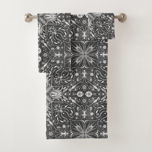 Bugs, off white on black bath towel set (Insitu)
