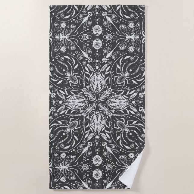 Bugs, off white on black beach towel (Front)