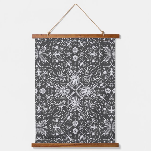 Bugs, off white on black hanging tapestry (Front)