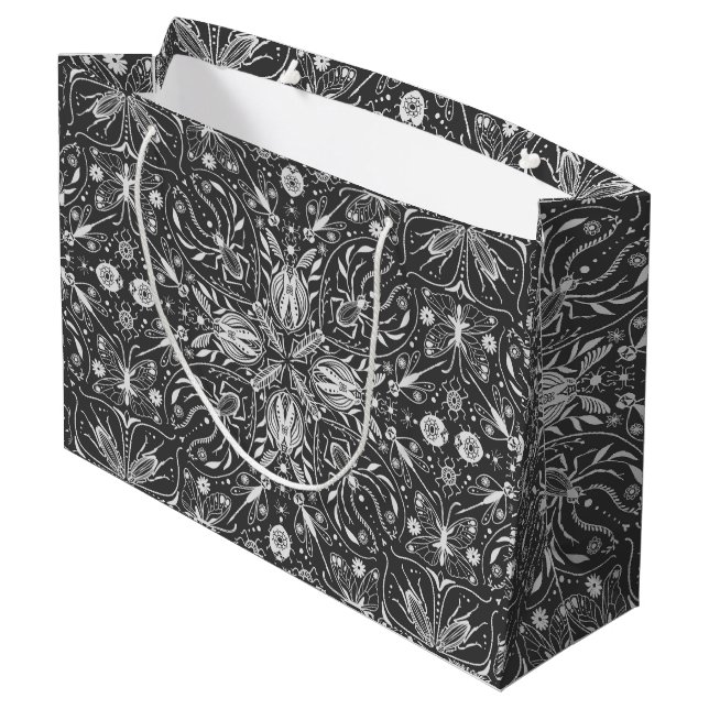Bugs, off white on black large gift bag (Back Angled)