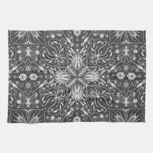Bugs, off white on black tea towel