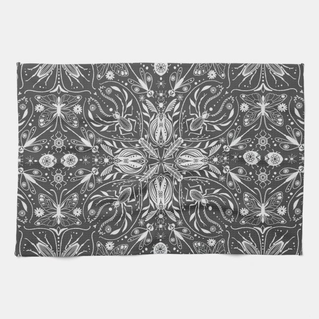 Bugs, off white on black tea towel (Horizontal)