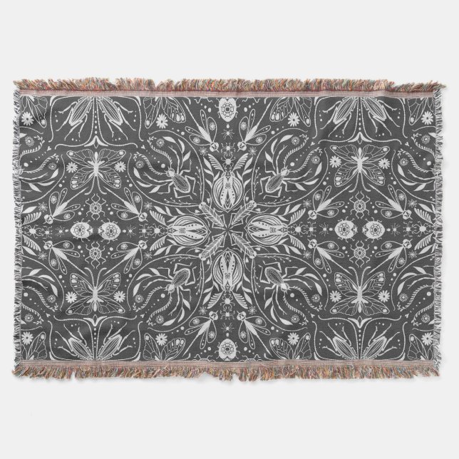 Bugs, off white on black throw blanket (Front)