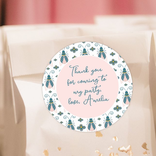 Bugs Pastel Pink Flower Girl Birthday Thank you Classic Round Sticker (Creator Uploaded)