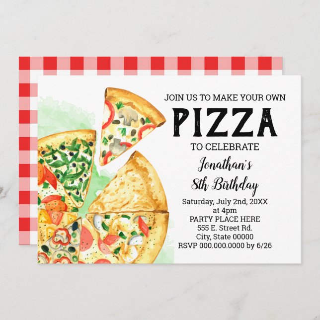 Build your pizza birthday party summer bash invitation (Front/Back)