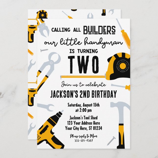 Builder Birthday Invitation, Handyman  Invitation (Front/Back)