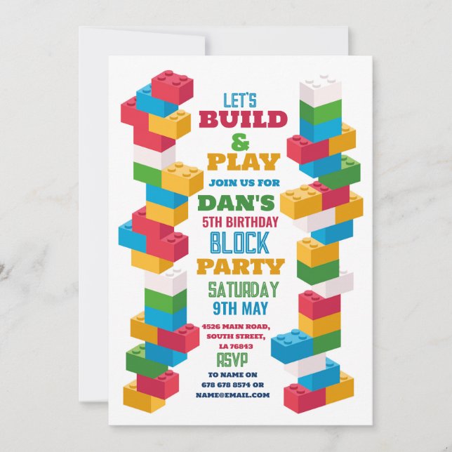 Builder Birthday Party Construction Blocks Invitation (Front)