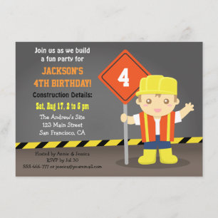 Builder Boy Construction Theme Birthday Party Invitation