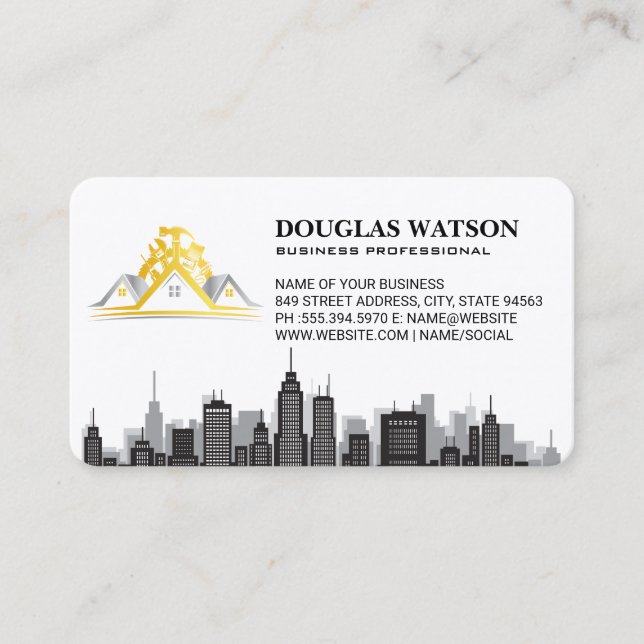 Builder Contractor Logo | City Skyline Business Card (Front)