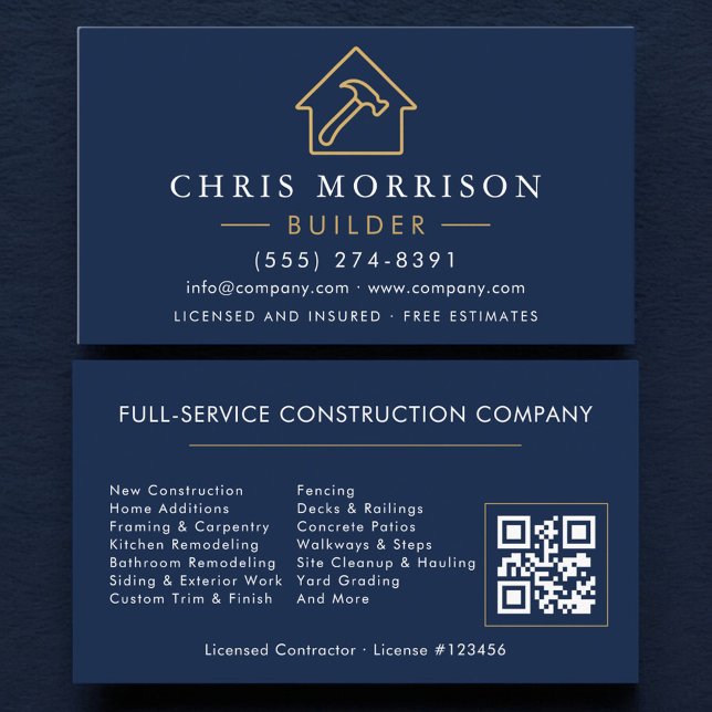 Builder Navy Blue Gold QR Code Construction  Business Card (Creator Uploaded)
