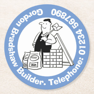 Builder with Building Materials. Building Trade Round Paper Coaster