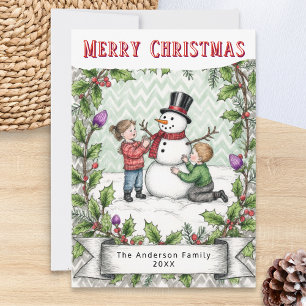 Building a Snowman   Retro Personalised Christmas Holiday Card