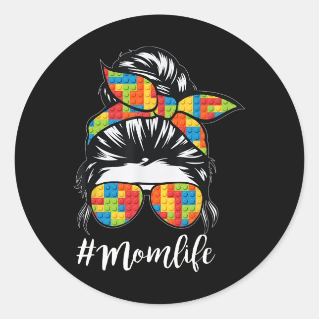 Building Block Messy Bun Mum Life Master Builder M Classic Round Sticker (Front)
