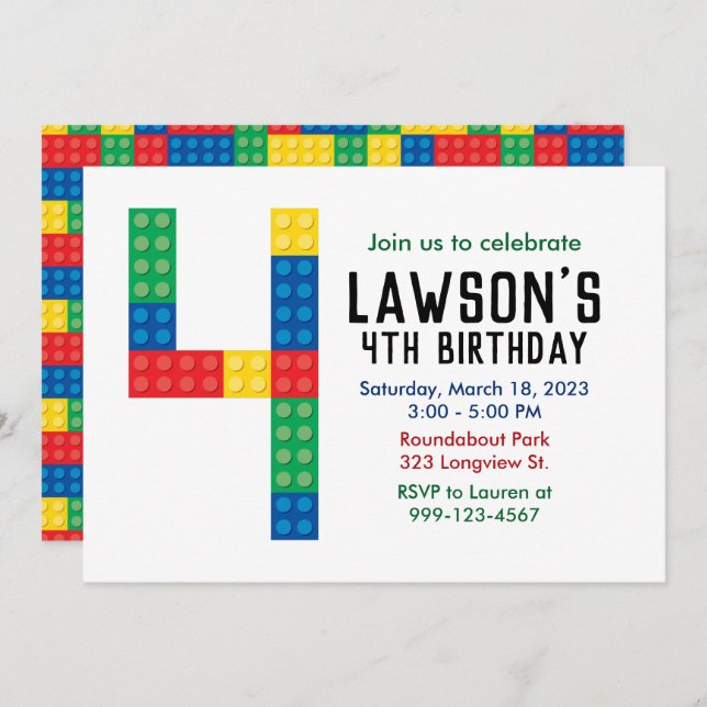 Building Block Party Invitation for 4th Party (Front/Back)