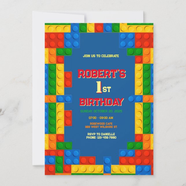 Building Blocks Birthday, 1st Construction Invitation (Front)