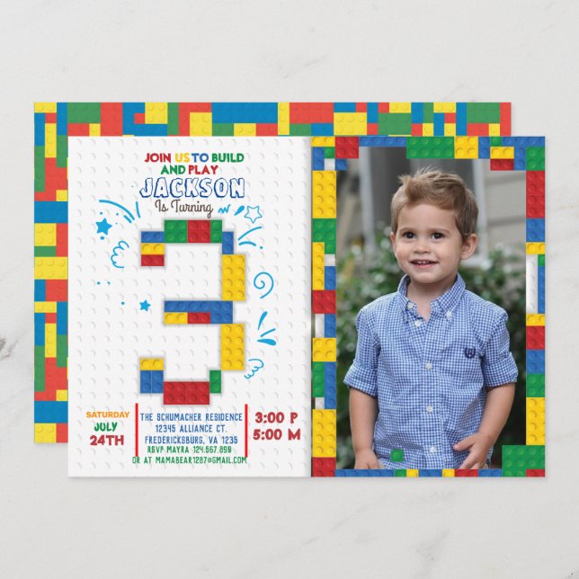 Building Blocks Birthday Bricks 3 years Invitation (Front/Back)