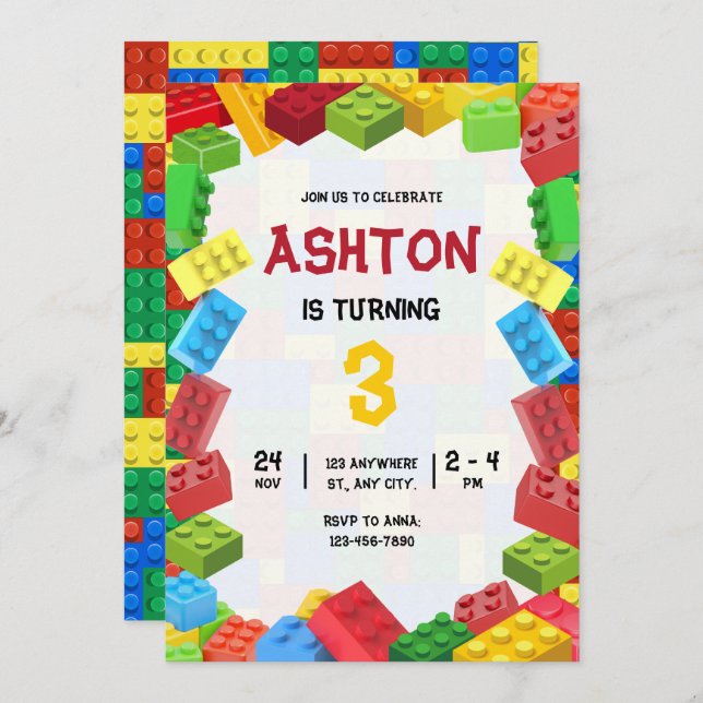 Building Blocks Birthday Invitation, Boys Birthday Invitation (Front/Back)